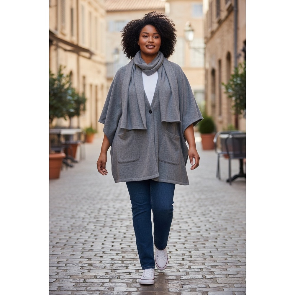 H-267) Cuddl Duds Fleece Wrap Cardigan w/ Removable Scarf Charcoal OS M QVC New